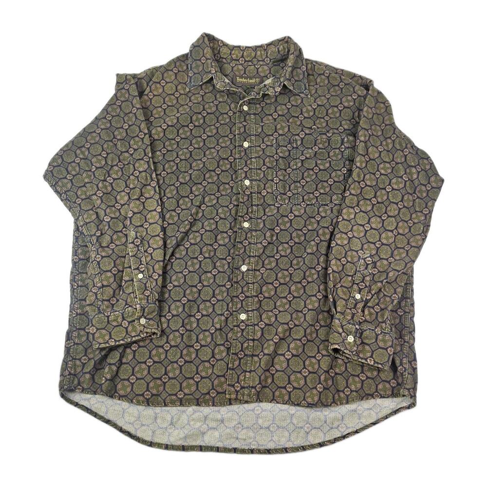 Vintage 90s Timberland Weathergear Corduroy Shirt Geometric Medallion Mens L